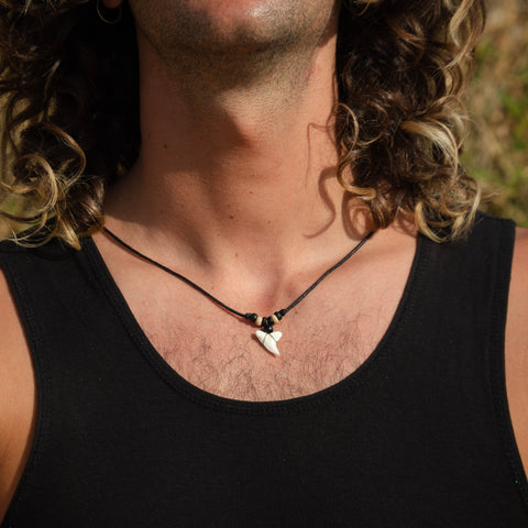 Blue shark teeth necklace dark light wood c117