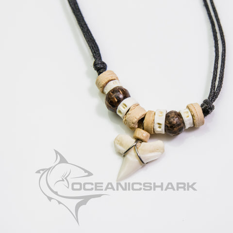 Blue shark teeth necklace dark light wood c117
