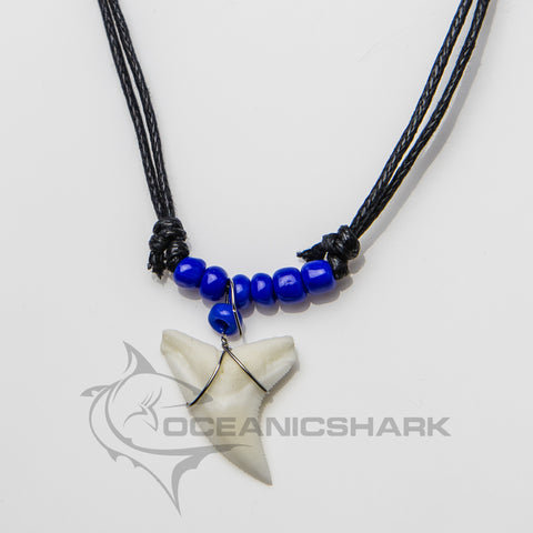 Cobalt blue shark tooth necklace with real shark tooth and cobalt blue beads adjustable black cord oceanicshark