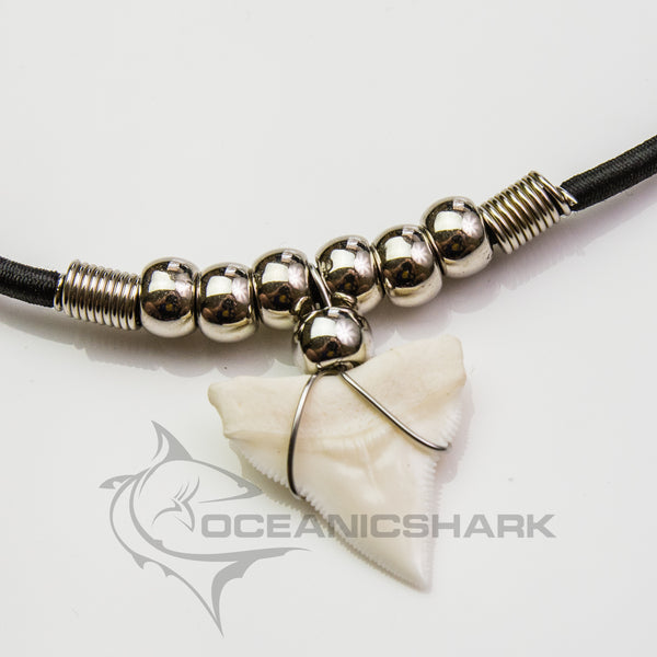 Fossil Shark Tooth Necklace with White Cords and Brown Beads - 18