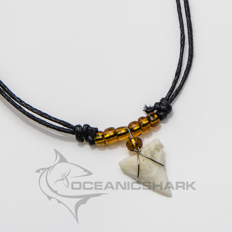 Shark teeth necklace brown amber glass bead c28