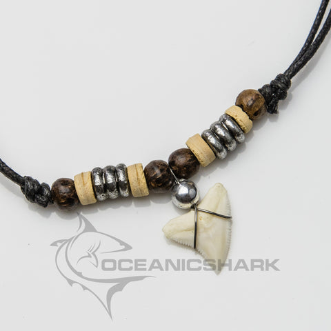 Bull shark tooth necklace wood beads c49