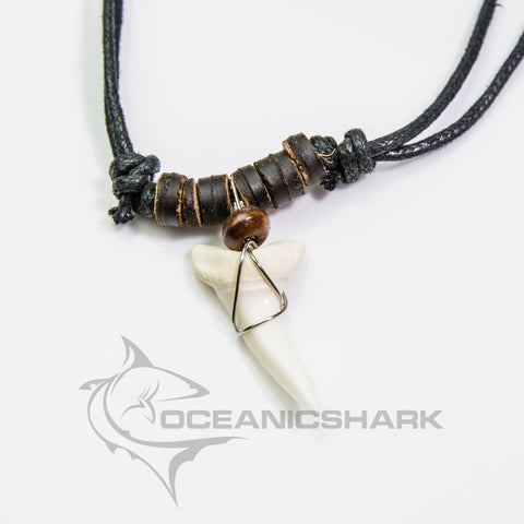 Large Mako shark tooth brown wood beads c99