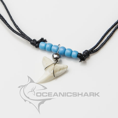 Real Blue Shark Tooth Necklace with Turquoise Glass Beads – Handmade Jewelry Australia