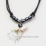 Real Mako shark tooth necklace in gunmetal grey on adjustable black cord